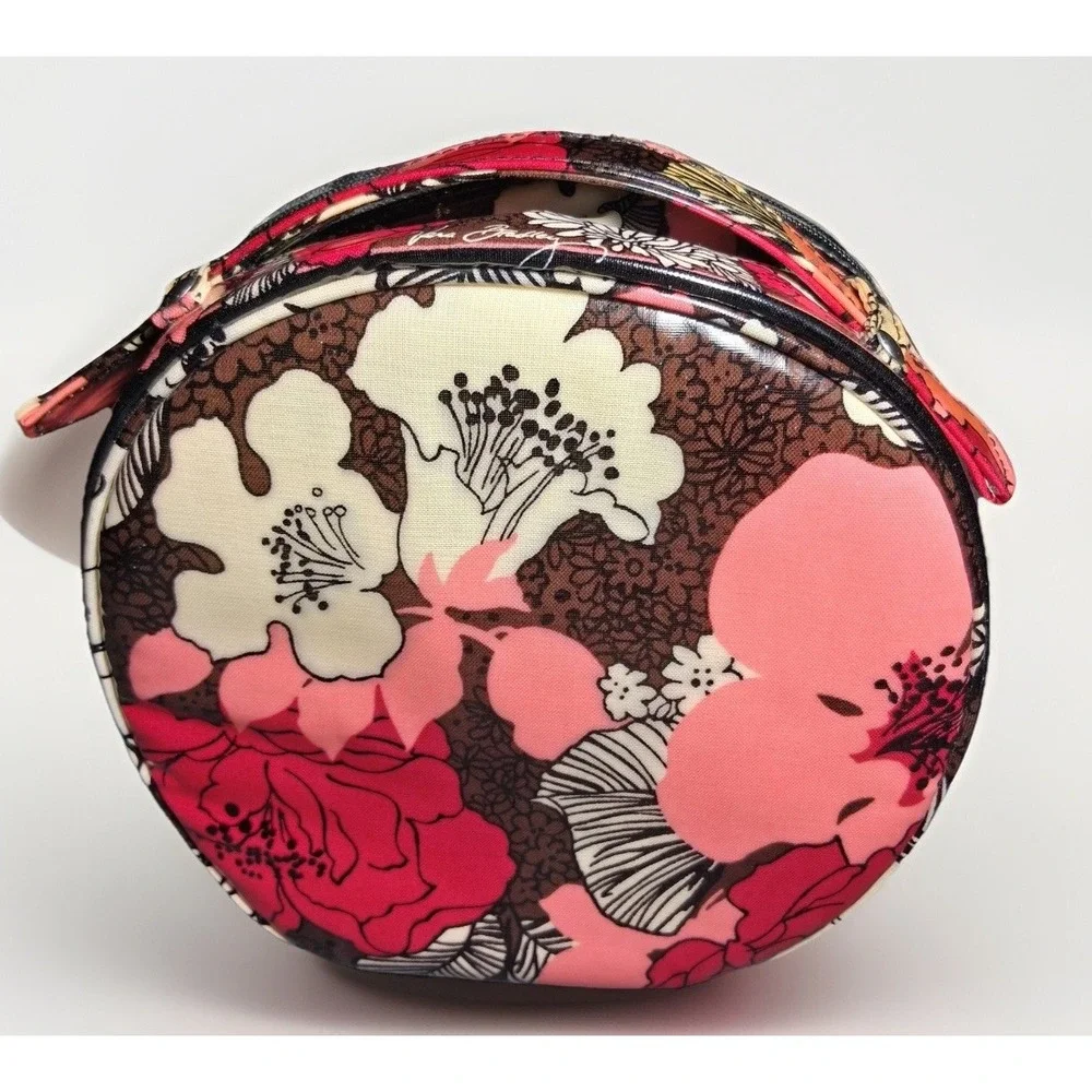 Vera Bradley Mocha Rouge Round Cosmetic Case Floral Travel Makeup Bag Pink Brown